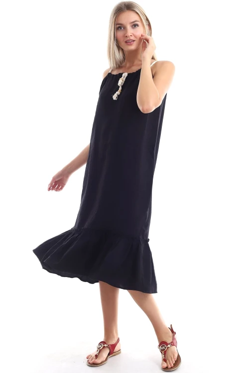 Siyah Askılı Keten Dokuma Elbise CO-2520343089