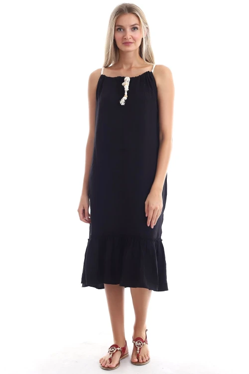 Siyah Askılı Keten Dokuma Elbise CO-2520343089