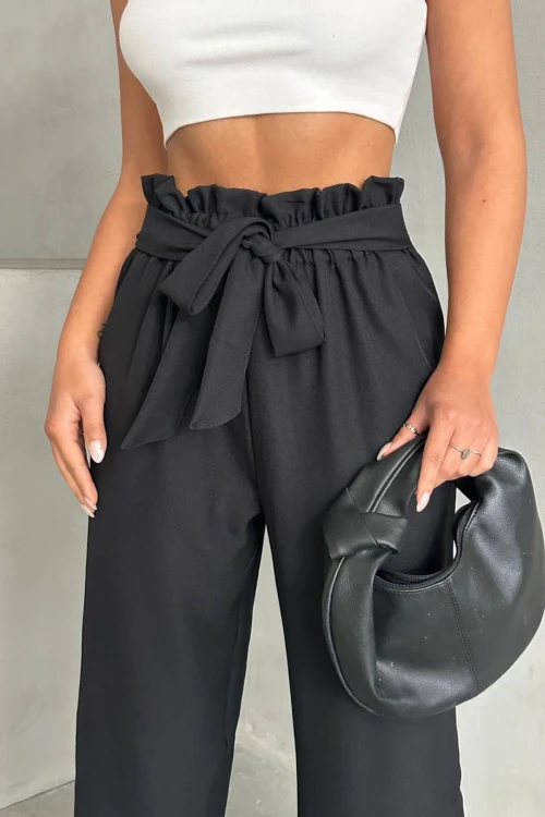 Siyah Beli Kuşaklı Keten Dokuma Pantolon BCHN-2525329