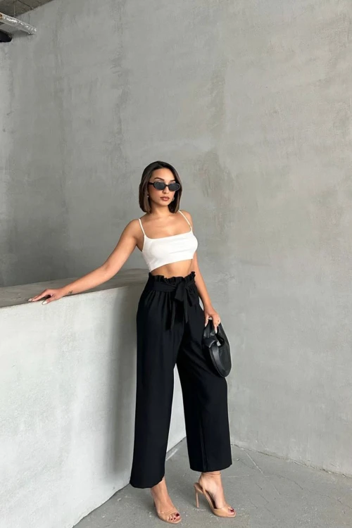 Siyah Beli Kuşaklı Keten Dokuma Pantolon BCHN-2525329