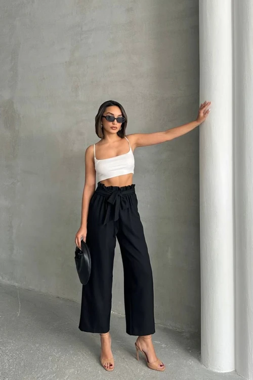 Siyah Beli Kuşaklı Keten Dokuma Pantolon BCHN-2525329