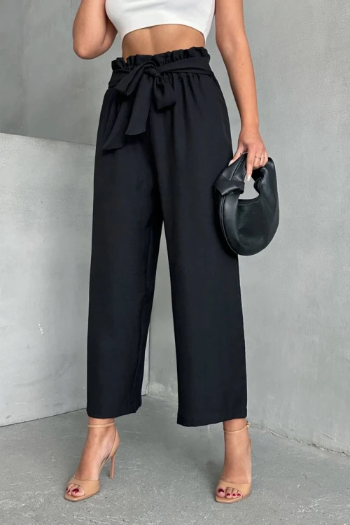 Siyah Beli Kuşaklı Keten Dokuma Pantolon BCHN-2525329