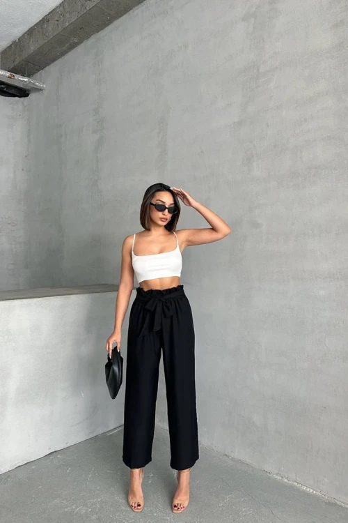 Siyah Beli Kuşaklı Keten Dokuma Pantolon BCHN-2525329