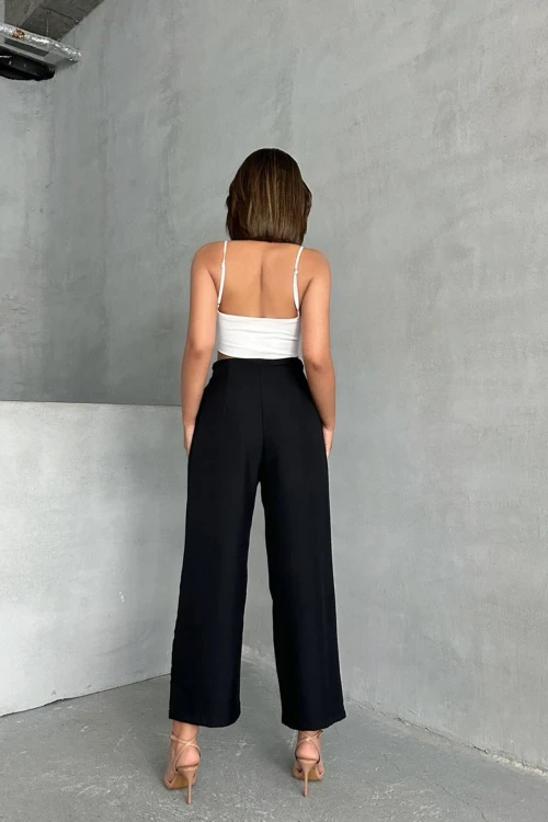 Siyah Beli Kuşaklı Keten Dokuma Pantolon BCHN-2525329