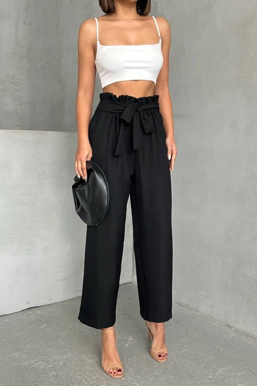 Siyah Beli Kuşaklı Keten Dokuma Pantolon BCHN-2525329