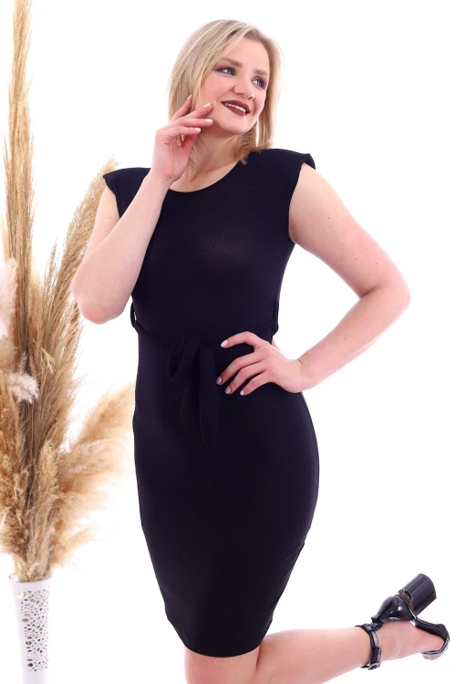 Siyah Beli Kuşaklı Omuzu Vatkalı Elbise CO-2520070783