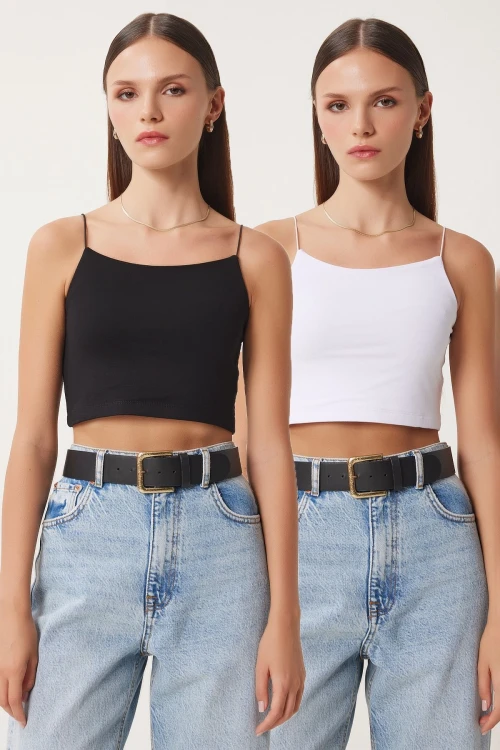 Siyah Beyaz İp Askılı 2Li Paket Örme Bluz BCCL-253001