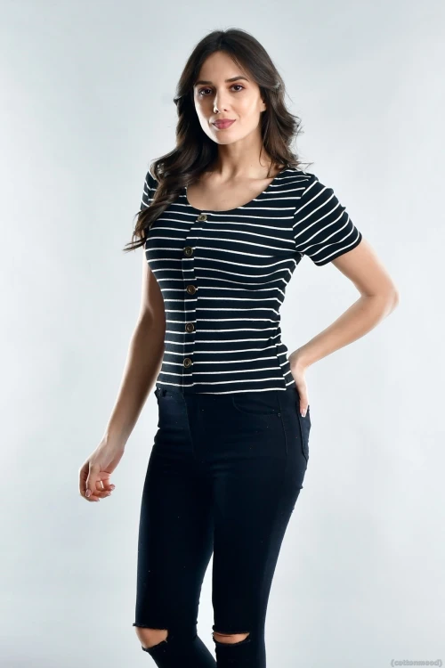 Siyah Beyaz Kaşkorse Önü Düğmeli Kısa Kol Bluz CO-2520021533