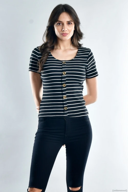 Siyah Beyaz Kaşkorse Önü Düğmeli Kısa Kol Bluz CO-2520021533