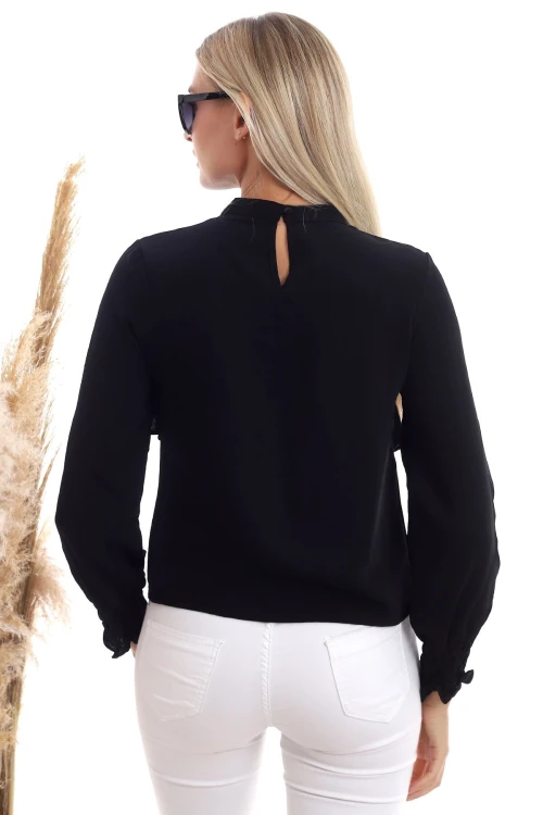 Siyah Bisiklet Yaka Volanlı Uzun Kol Dokuma Bluz CO-2520333355