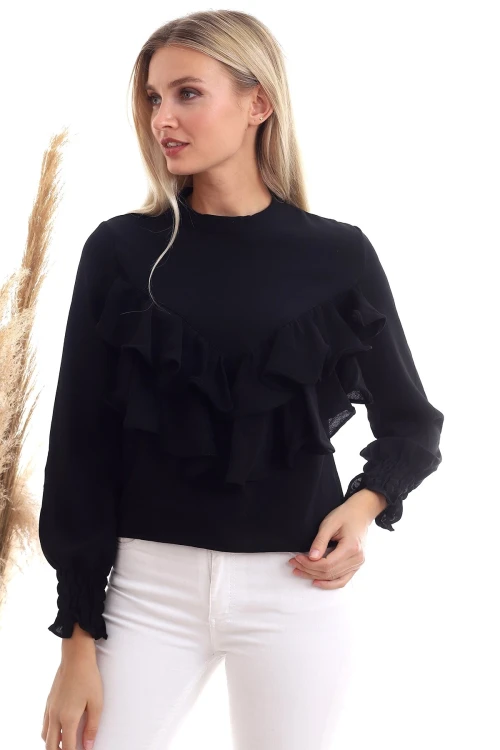 Siyah Bisiklet Yaka Volanlı Uzun Kol Dokuma Bluz CO-2520333355