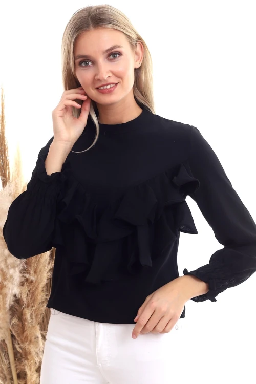 Siyah Bisiklet Yaka Volanlı Uzun Kol Dokuma Bluz CO-2520333355