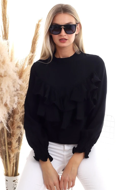 Siyah Bisiklet Yaka Volanlı Uzun Kol Dokuma Bluz CO-2520333355