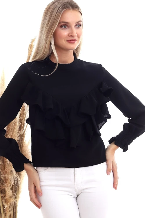 Siyah Bisiklet Yaka Volanlı Uzun Kol Dokuma Bluz CO-2520333355