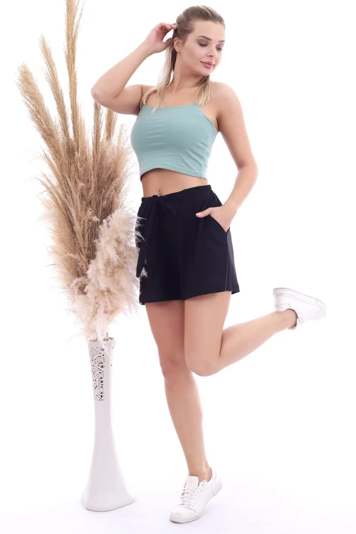 Siyah Cepli Bağlamalı Beli Lastikli Şort CO-2520064507