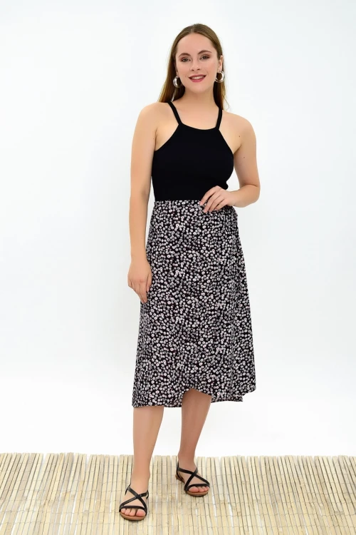 Siyah Çiçek Desenli Beli Bağlamalı Anvelop Dokuma Viskon Etek CO-259313124