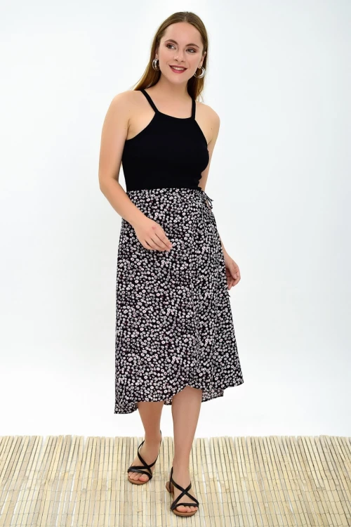 Siyah Çiçek Desenli Beli Bağlamalı Anvelop Dokuma Viskon Etek CO-259313124