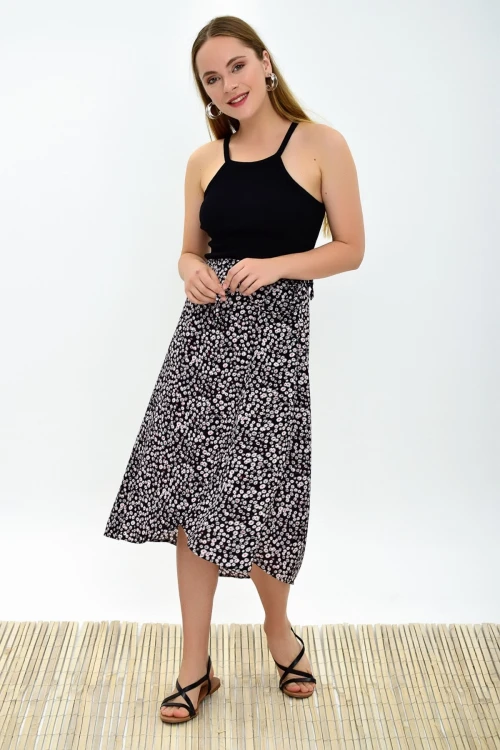 Siyah Çiçek Desenli Beli Bağlamalı Anvelop Dokuma Viskon Etek CO-259313124