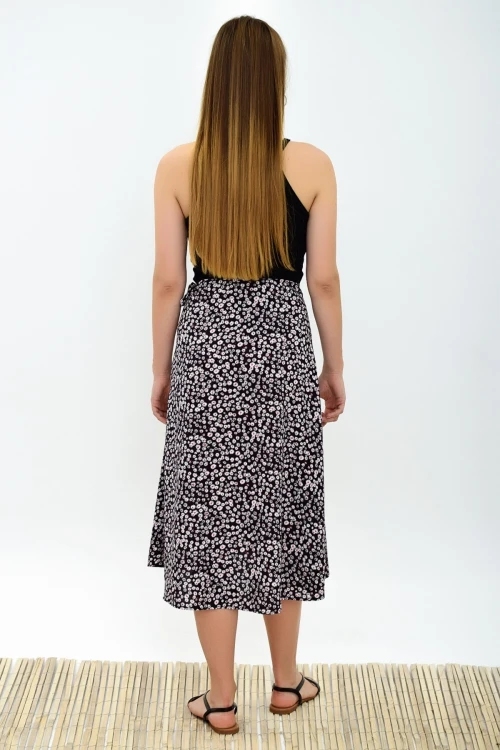 Siyah Çiçek Desenli Beli Bağlamalı Anvelop Dokuma Viskon Etek CO-259313124