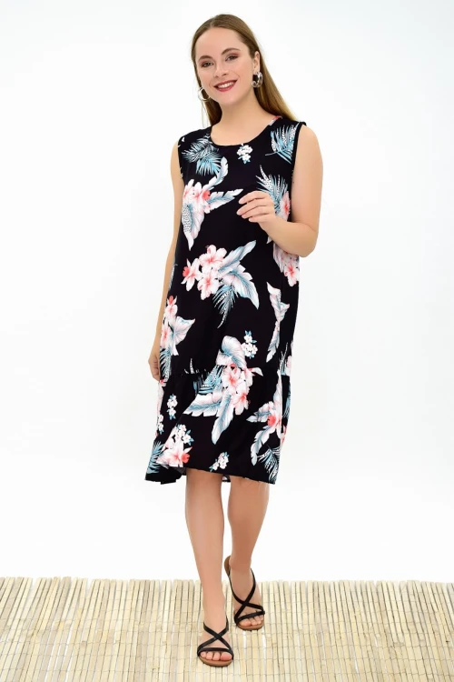 Siyah Çiçek Desenli Eteği Fırfır Kolsuz Dokuma Viskon Elbise CO-259323232