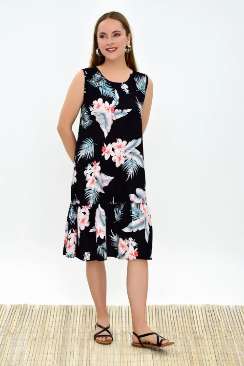 Siyah Çiçek Desenli Eteği Fırfır Kolsuz Dokuma Viskon Elbise CO-259323232