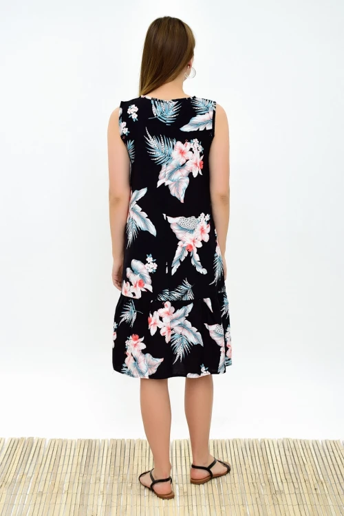 Siyah Çiçek Desenli Eteği Fırfır Kolsuz Dokuma Viskon Elbise CO-259323232