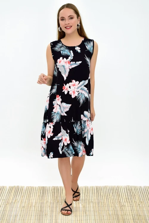 Siyah Çiçek Desenli Eteği Fırfır Kolsuz Dokuma Viskon Elbise CO-259323232