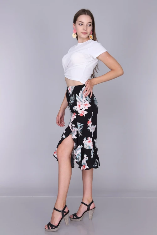 Siyah Çiçek Desenli Yırtmaçlı Volanlı Dokuma Viskon Etek CO-259333334