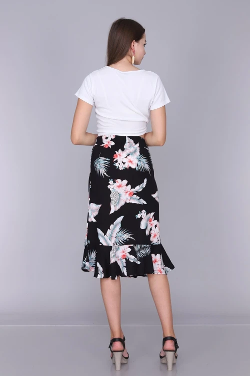 Siyah Çiçek Desenli Yırtmaçlı Volanlı Dokuma Viskon Etek CO-259333334