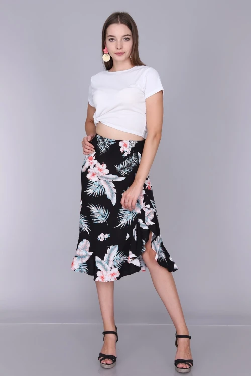 Siyah Çiçek Desenli Yırtmaçlı Volanlı Dokuma Viskon Etek CO-259333334