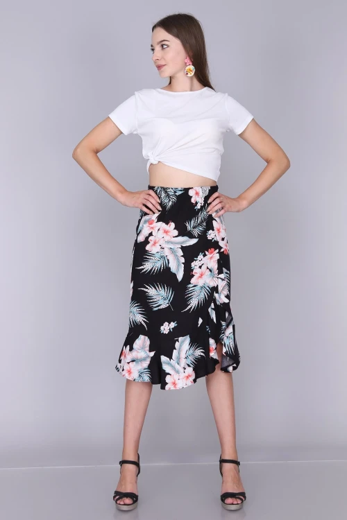 Siyah Çiçek Desenli Yırtmaçlı Volanlı Dokuma Viskon Etek CO-259333334