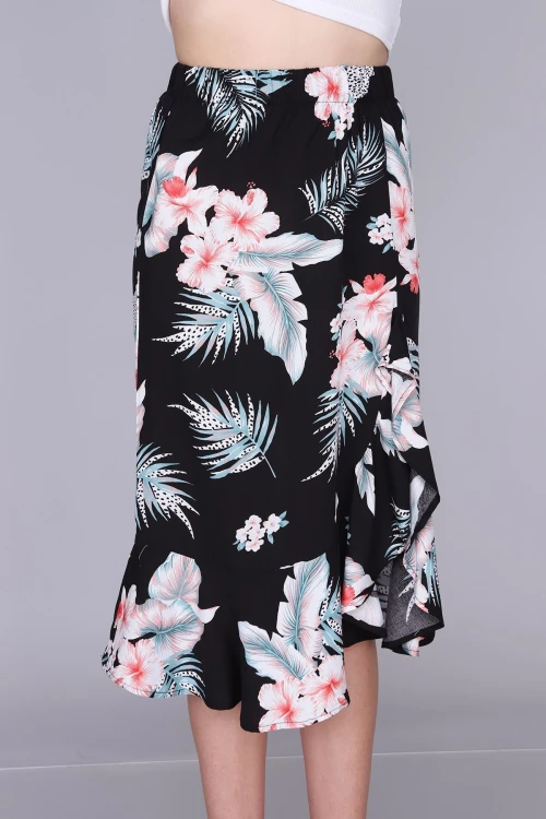 Siyah Çiçek Desenli Yırtmaçlı Volanlı Dokuma Viskon Etek CO-259333334