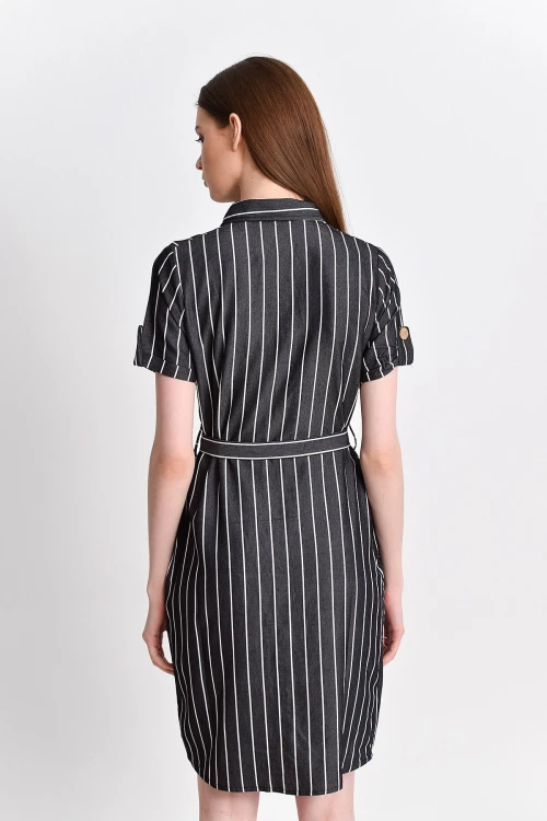 Siyah Çizgili Gömlek Yaka Kısa Kol Bodrum Kumaş Elbise CO-259201572
