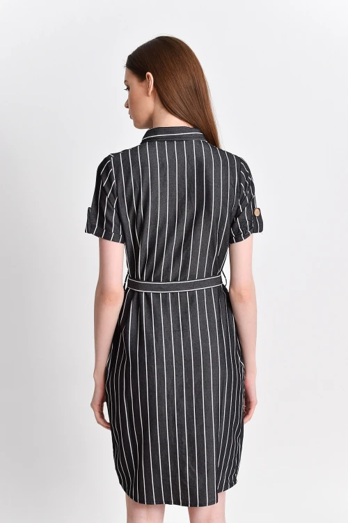 Siyah Çizgili Gömlek Yaka Kısa Kol Bodrum Kumaş Elbise CO-259201572