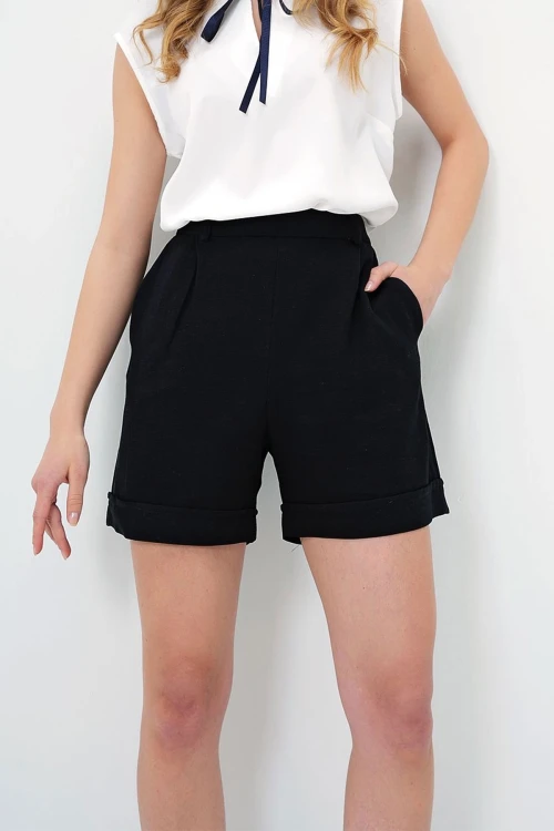 Siyah Duble Paça Gizli Fermuarlı Yazlık Keten Dokuma Şort BCIR-251002