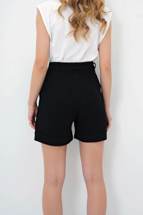 Siyah Duble Paça Gizli Fermuarlı Yazlık Keten Dokuma Şort BCIR-251002