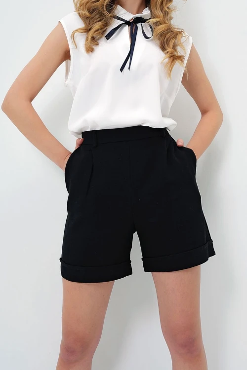 Siyah Duble Paça Gizli Fermuarlı Yazlık Keten Dokuma Şort BCIR-251002