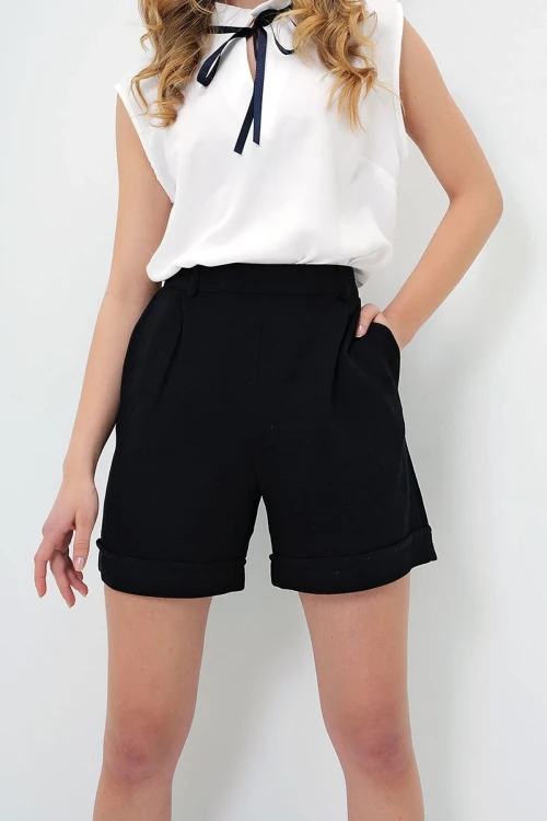 Siyah Duble Paça Gizli Fermuarlı Yazlık Keten Dokuma Şort BCIR-251002