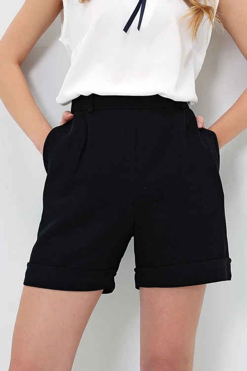 Siyah Duble Paça Gizli Fermuarlı Yazlık Keten Dokuma Şort BCIR-251002