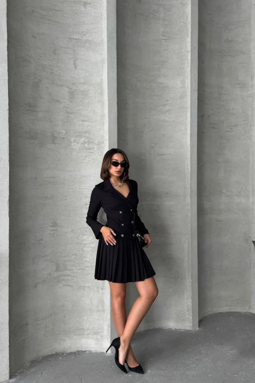 Siyah Düğme Detaylı Piliseli Dokuma Ceket Elbise BCHN-255016