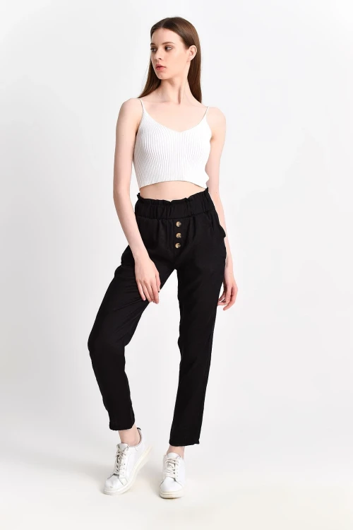 Siyah Düğmeli Cepli Dokuma Pantolon CO-259283059