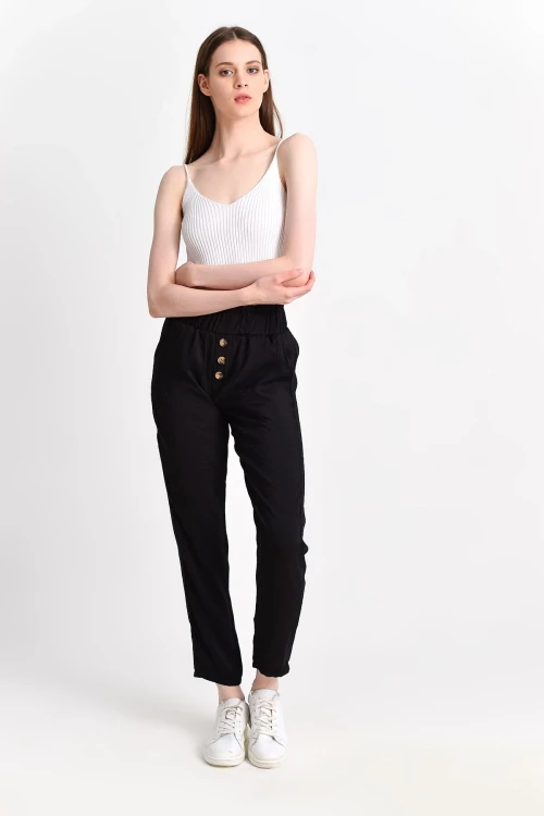 Siyah Düğmeli Cepli Dokuma Pantolon CO-259283059