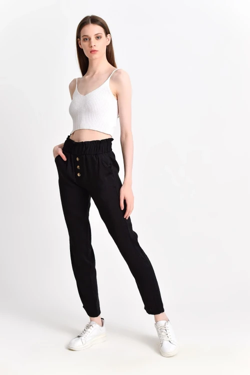 Siyah Düğmeli Cepli Dokuma Pantolon CO-259283059