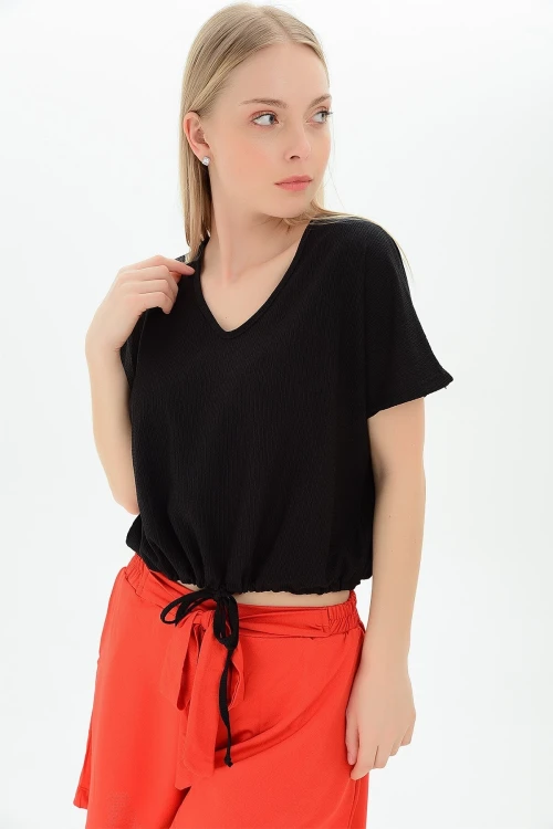 Siyah Eteği Kordonlu V Yaka Yarasa Kol Bluz CO-259112933