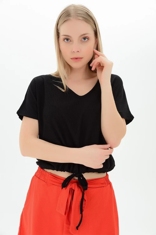 Siyah Eteği Kordonlu V Yaka Yarasa Kol Bluz CO-259112933