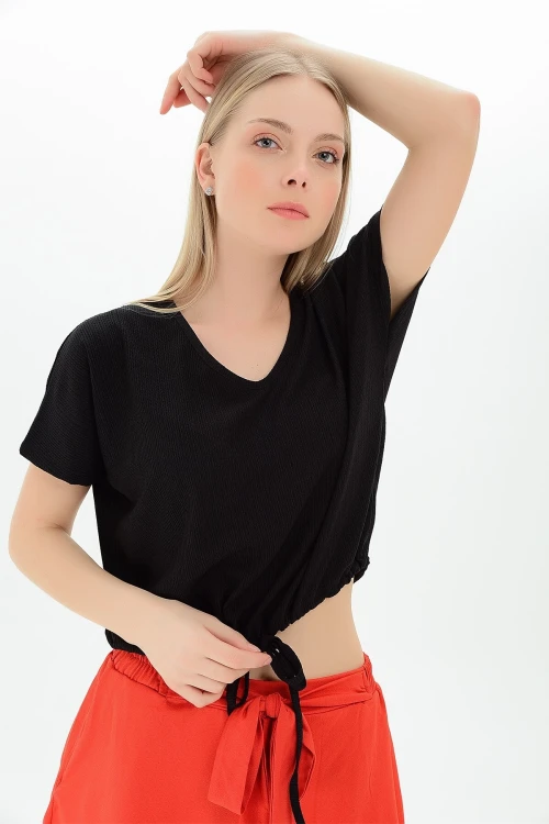 Siyah Eteği Kordonlu V Yaka Yarasa Kol Bluz CO-259112933