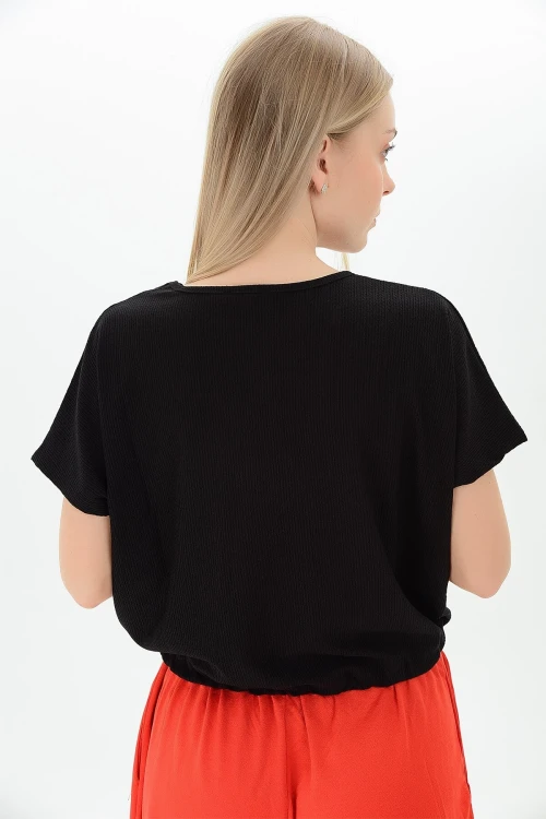 Siyah Eteği Kordonlu V Yaka Yarasa Kol Bluz CO-259112933