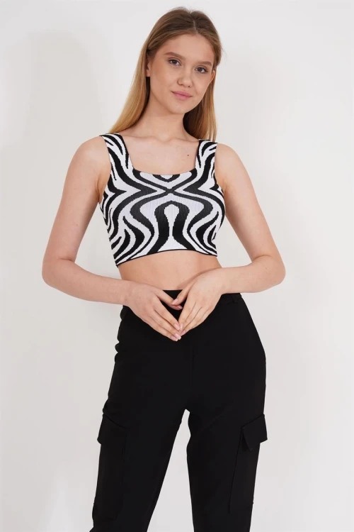 Siyah Kare Yaka Desenli Triko Bluz CO-2523256430