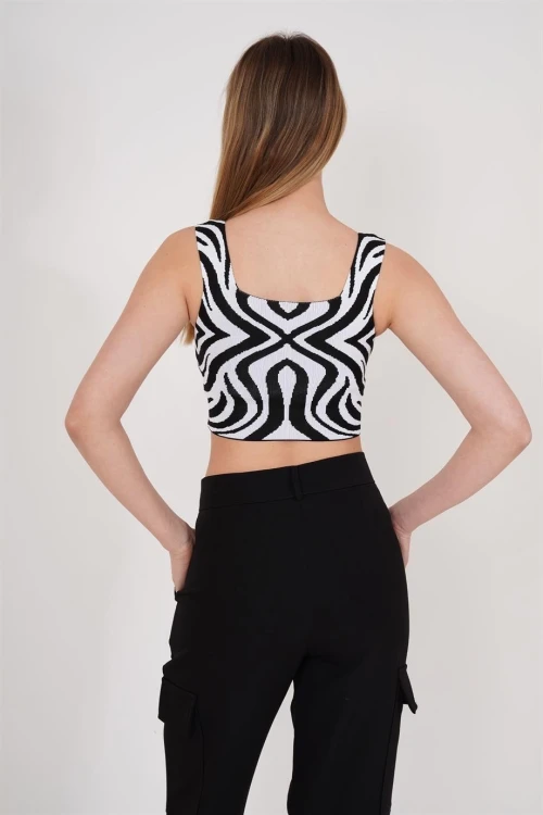 Siyah Kare Yaka Desenli Triko Bluz CO-2523256430