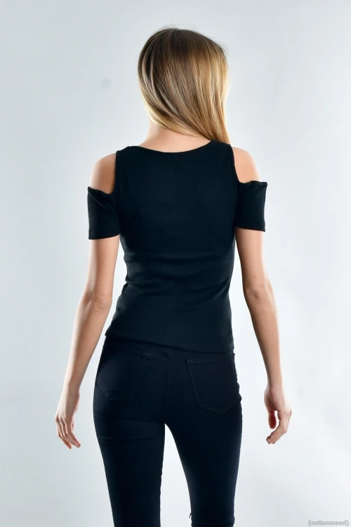 Siyah Kaşkorse Omuzu Açık Kısa Kol Bluz CO-2520021670